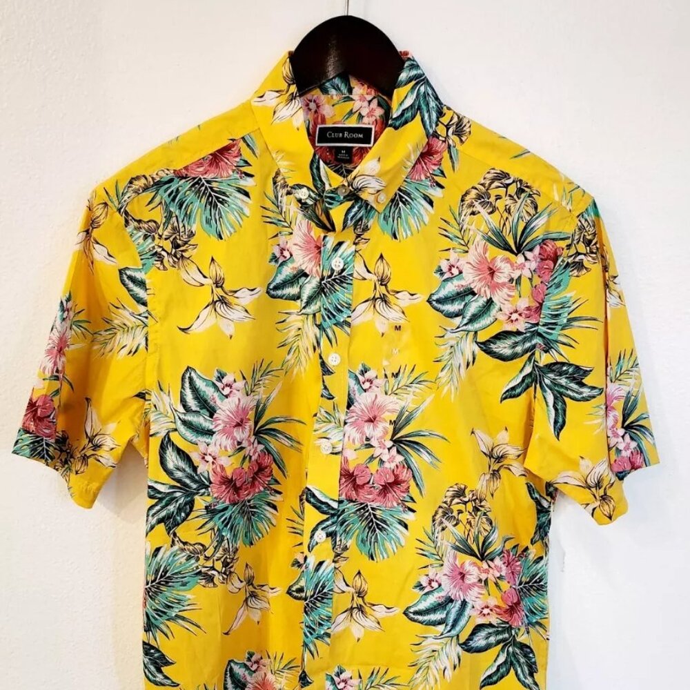 Club Room Mens Floral Tropical Tech Short Sleeve Polo Shirt Multicolor M Yellow